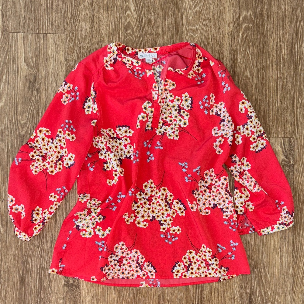 Floral 3/4 Sleeve Tunic Melon Red